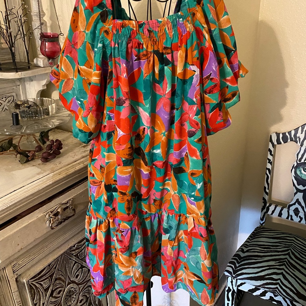 entro Multicolor Floral Off-Shoulder Mini Dress in Teal, Orange & Pink